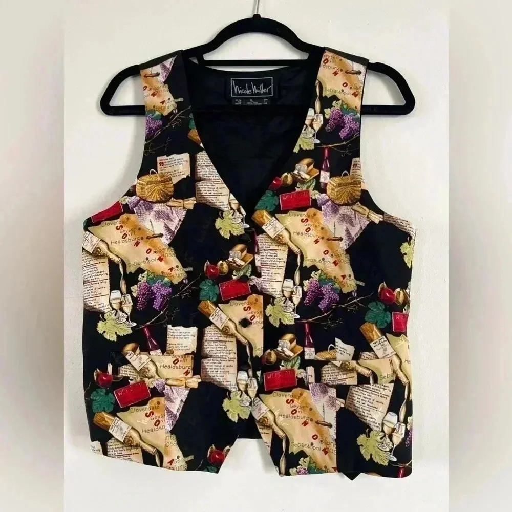 Nicole Miller Vintage 90’s Silk Wine, Grapes, manuscript Print dress Vest‎ Sz L